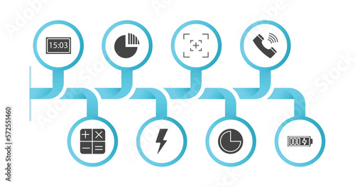 editable filled icons with infographic template. infographic for electronic stuff fill concept. included camera big screen size, quarter, camera screen, phone receiver, calculating, blitz flash,