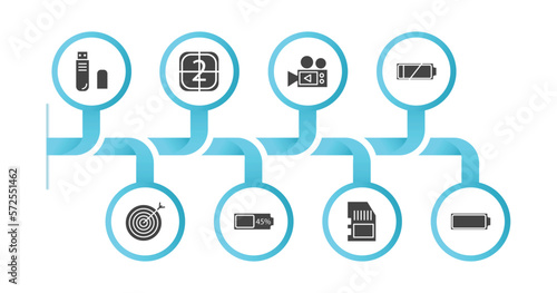 editable filled icons with infographic template. infographic for electronic stuff fill concept. included pen drive, video file list, video camera, low battery, objective, battery almost full, memory