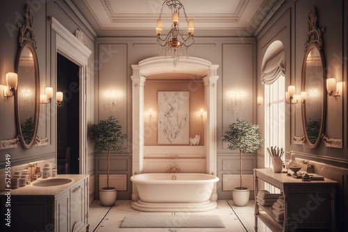 a luxurious bathroom decoration with a spa-like atmosphere, using neutral colors, elegant fixtures, and indulgent details like a bathtub Generative AI