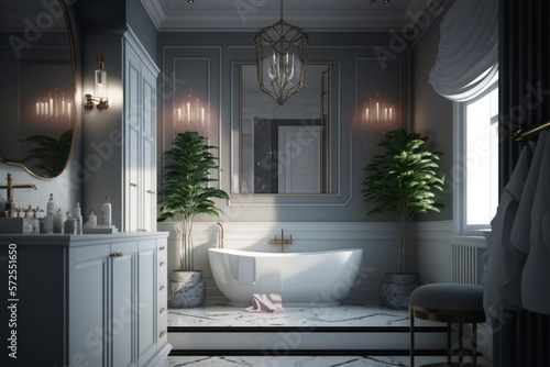 a luxurious bathroom decoration with a spa-like atmosphere  using neutral colors  elegant fixtures  and indulgent details like a bathtub Generative AI