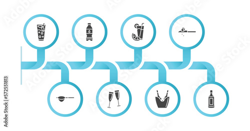 editable filled icons with infographic template. infographic for drinks concept. included mint julep, water jug, greyhound drink, drip, sieve, toast, ice bucket and bottle, grain icons.