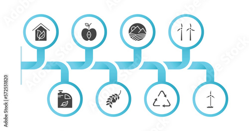 editable filled icons with infographic template. infographic for ecology concept. included green house, half, landscape image, wind mill, biodiesel, olives on a branch, recycling, wind mills icons.