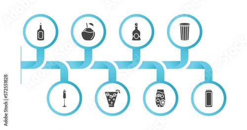 editable filled icons with infographic template. infographic for drinks concept. included rum, coconut drink, liquor, paper cup, french 75, caipiroska, tom collins, energy drink icons.