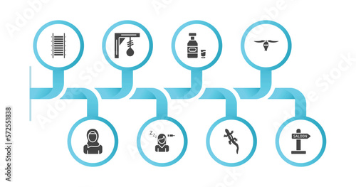 editable filled icons with infographic template. infographic for desert concept. included train rails, gibbet, alcohol bottle, cattle skull, arab, fatigue, lizard, wild west saloon icons.