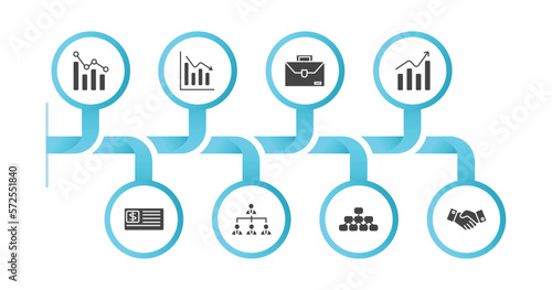 editable filled icons with infographic template. infographic for digital economy concept. included analytics, bar chart, briefcase, growth, checkbook, organization, hierarchical structure, deal