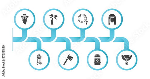 editable filled icons with infographic template. infographic for desert concept. included outlaw, palm, cowboy whip, pharaoh, native american, ax, petroleum, horse saddle icons.