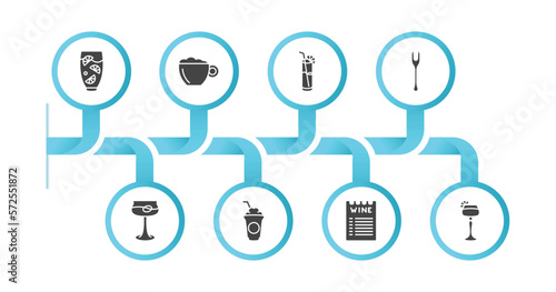 editable filled icons with infographic template. infographic for drinks concept. included lemon juice, cappuccino, blue lagoon, forks, martinez, frappuccino, wine list, sidecar drink icons.