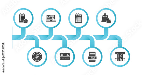 editable filled icons with infographic template. infographic for e commerce and payment concept. included waiting list, online order, shopping list, merchandise, swiss franc, loyalty card, tax,
