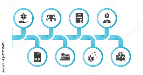 editable filled icons with infographic template. infographic for cryptocurrency concept. included fintech industry, money flow, ledger, investor, crypto hash rate, cash hine, mining, e-business