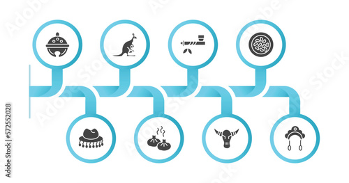 editable filled icons with infographic template. infographic for culture concept. included sleigh bell, australian kangaroo, pipe of peace, fabada, cork hat, steamed bread, skull of a bull,