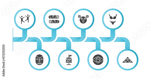 editable filled icons with infographic template. infographic for culture concept. included capoeira brazil dancers, egg roll, australian koala, female bikini piece, native american mask, cake with a