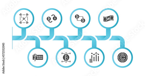 editable filled icons with infographic template. infographic for cryptocurrency concept. included blokchain block, exchange, peer to peer, won, bitcoin encryption, blockchain, budget diagram,