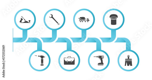 editable filled icons with infographic template. infographic for construction tools concept. included jack plane, repair wrench, concrete mixer, bucket, blowtorch, businessman portfolio, cordless