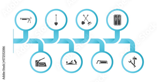 editable filled icons with infographic template. infographic for construction and tools concept. included caulk gun, spade, shovel and fork, glass wall, staple gun, planer, metal saw, improvement