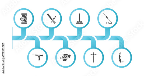 editable filled icons with infographic template. infographic for construction and tools concept. included copper, pencil and ruler, soil, iron soldering, sealant gun, chop saw, pickaxe, jackknife