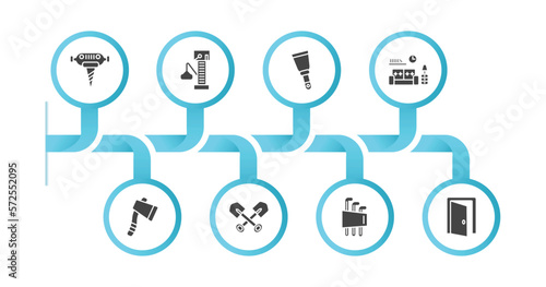 editable filled icons with infographic template. infographic for construction concept. included pickaxes drilling, big derrick with boxes, scraper, interior de, inclined ax, two shovels, hex key,