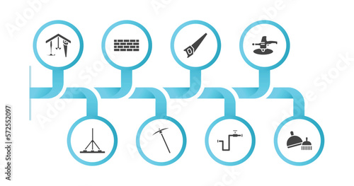 editable filled icons with infographic template. infographic for construction tools concept. included home repair, brick, saw, polishers, bump cutter, pick axe, gas pipe, dustpan and brush icons.