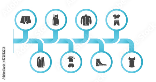 editable filled icons with infographic template. infographic for clothes concept. included boxers, basketball jersey, parka, pyjamas, cardigan, pijama, brisk boots, tanktop icons.