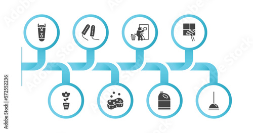 editable filled icons with infographic template. infographic for cleaning concept. included shaver cleanin, tampon cleanin, mirror cleanin, clean window, rose soap bleach plunger icons.