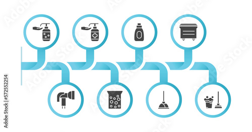 editable filled icons with infographic template. infographic for cleaning concept. included hand washing, sanitize, stain remover, dumpster, garden hose, hard water, plunger, floor mop icons.