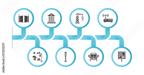 editable filled icons with infographic template. infographic for city elements concept. included gate, government buildings, tower crane, gat, park, street lamp, fire truck, parking icons.