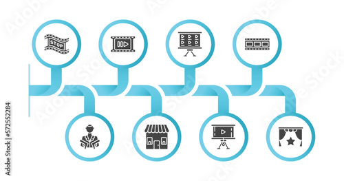 editable filled icons with infographic template. infographic for cinema concept. included freeze frame, slow motion, storyboard, film, hitman, ticket office, projector screen, premiere icons.