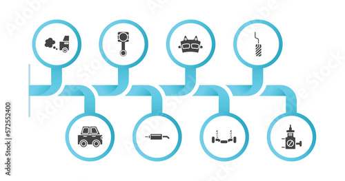 editable filled icons with infographic template. infographic for car parts concept. included car exhaust, car connecting rod, brake pad, pedal, hard top, silencer, anti-roll bar, choke icons.