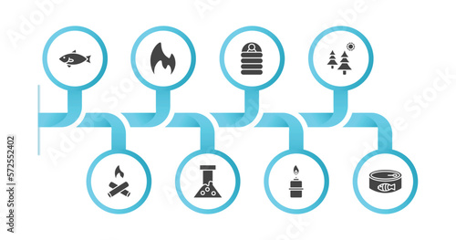 editable filled icons with infographic template. infographic for camping concept. included sardine, gas, sleeping bag, pines, campfire, flask, cooking gas, canned food icons.