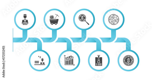 editable filled icons with infographic template. infographic for business concept. included chief executive officer  proof of work  money searcher  maze game  sleepy worker at work  ascendant graph 