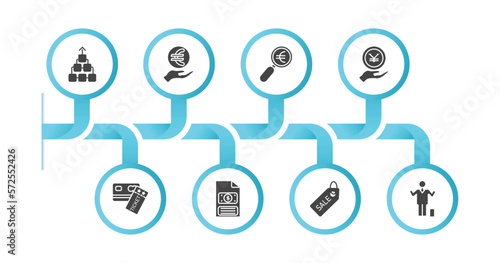 editable filled icons with infographic template. infographic for business concept. included item connections, euro coin on hands, euro under magnifier, yen coin on hands, credit card and ticket,