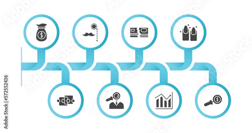 editable filled icons with infographic template. infographic for business concept. included dollar on business time, man with moustach, broken credit card, nails, points connected chart,