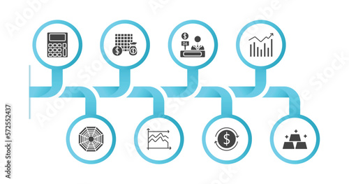 editable filled icons with infographic template. infographic for business concept. included calculator maths tool, economy games, bank teller, marketing chart, spider chart, dual chart, return of