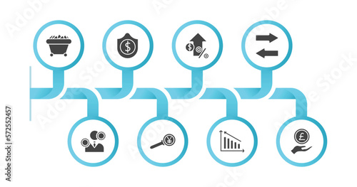 editable filled icons with infographic template. infographic for business concept. included mining cart  dollar money protection  increase rate  two way arrows  man with solutions  yen business