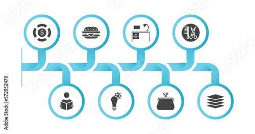 editable filled icons with infographic template. infographic for business concept. included pie chart with dollar, basic burger, work table, hair salon, reader, strategic, coin purse, stack icons.