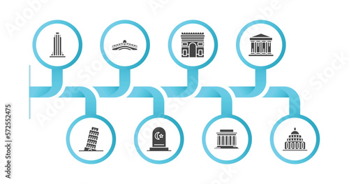 editable filled icons with infographic template. infographic for buildings concept. included state building, rialto bridge, arc de triomphe, greece, pisa tower, islamic cemetery, lincoln memorial,