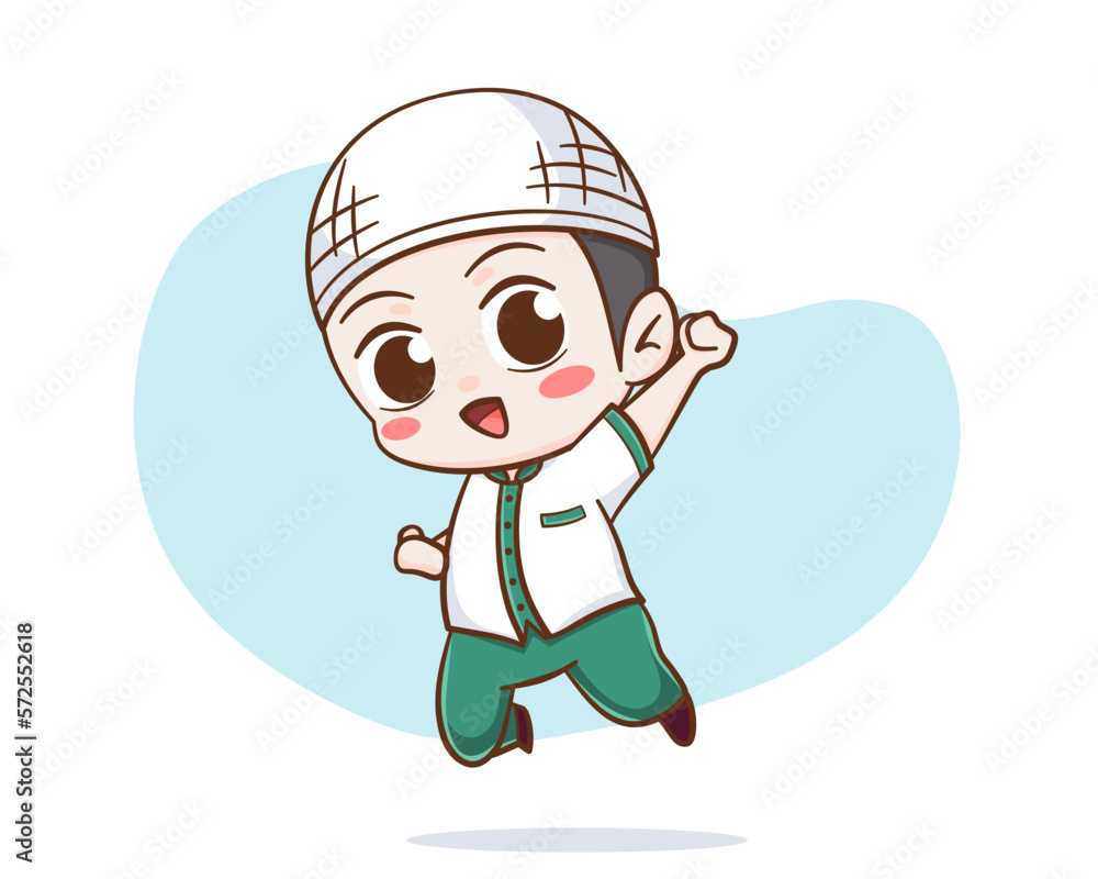 Cute muslim boy jumping happily cartoon character Cute muslim boy jumping happily cartoon character
