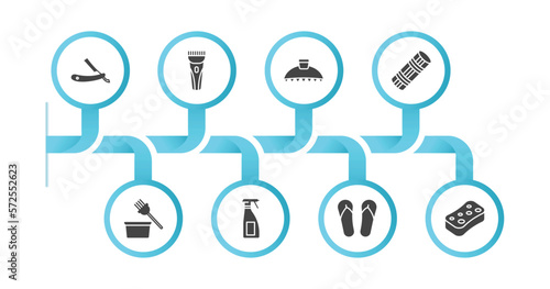 editable filled icons with infographic template. infographic for beauty concept. included vintage razor, hair razor, hair clamp, foam curler, tint bowl, aplicator bottle, two flip flops, sponge