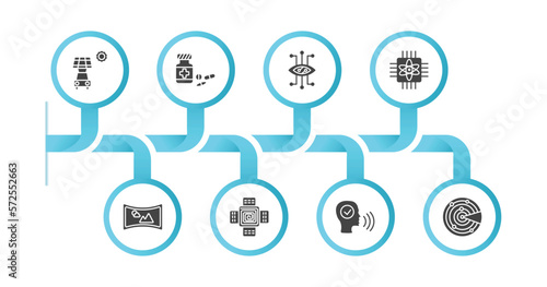editable filled icons with infographic template. infographic for artificial intellegence concept. included solar energy car, medicine, smart lens, quantum computing, immersive, nano sensor, voice