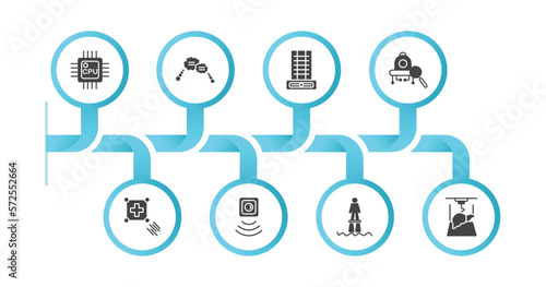 editable filled icons with infographic template. infographic for artificial intellegence concept. included cpu, speech bubble, difference engine, microbots, match moving, motion sensor, flyboard,