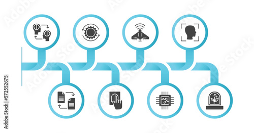 editable filled icons with infographic template. infographic for artificial intellegence concept. included mind transfer, processing, unmanned aerial vehicle, face recognition, file transfer,