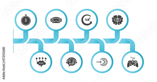 editable filled icons with infographic template. infographic for artificial intelligence concept. included velocity, stereoscope, 360 degree, rearview mirror, chat, technical support, log in, game