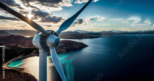 Clean, Renewable Energy in the Aegean Sea: Experience the Power of Our State-of-the-Art Wind Turbines with a Stunning Backdrop of Nature. Copy space, Generative AI photo