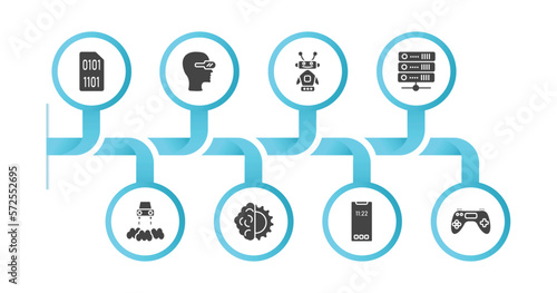 editable filled icons with infographic template. infographic for artificial intellegence concept. included binary, oculus rift, robots, servers, hover transport, deformity, smartphone, gaming icons.