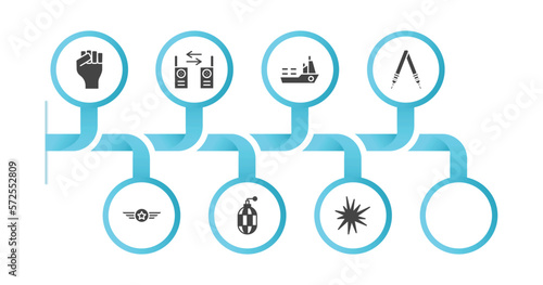 editable filled icons with infographic template. infographic for army and war concept. included rebellion, two way radio, ship, shoulder strap, air force, whizbang with rong, , explosive icons.