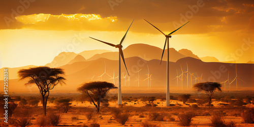 Clean, Renewable Energ: Experience the Power of Our State-of-the-Art Wind Turbines and solar panels with a Stunning Backdrop of Nature. Copy space, Generative AI