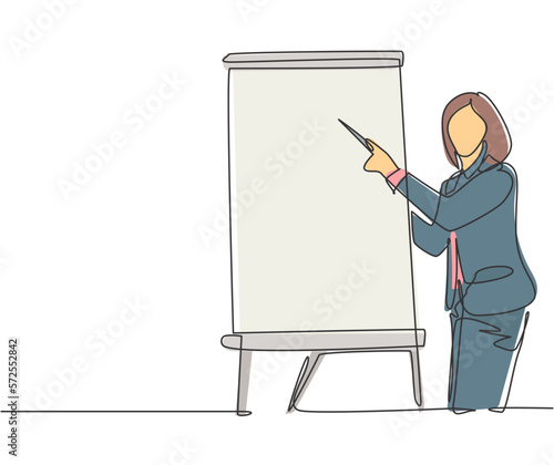 One single line drawing of young female presenter teaching how to do effective presentation. Productive presentation at the office concept continuous line draw design vector graphic illustration