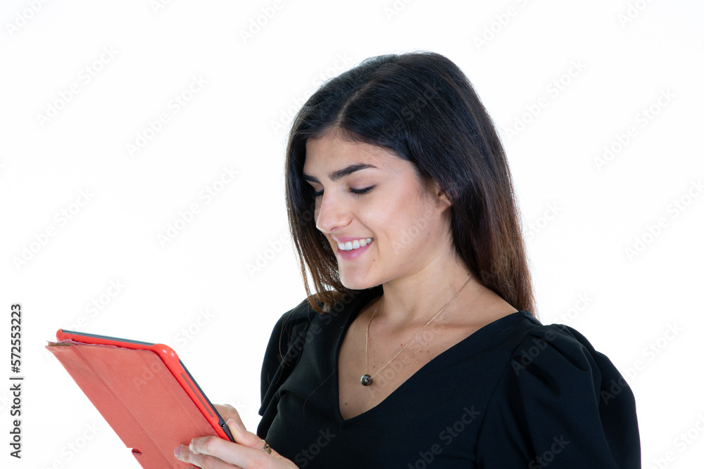 confident professional business woman with tablet computer digital in hand looking on white background confident professional business woman with tablet computer digital in hand looking on white background