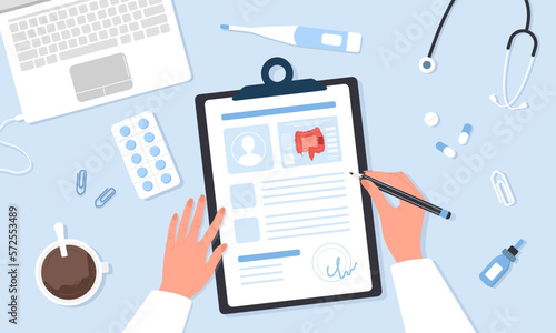 Colonoscopy concept. Proctologist writing results of examine intestine. Top view doctor workplace with lists, pills and stethoscope. Vector illustration in flat cartoon style. Prevention of cancer.