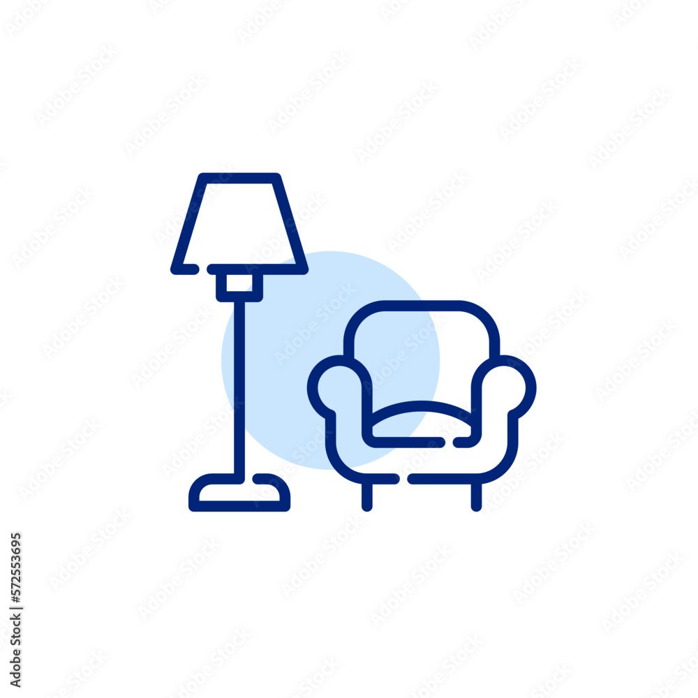 Floor lamp and sofa chair. Comfortable place in living room. Pixel perfect, editable stroke line icon Floor lamp and sofa chair. Comfortable place in living room. Pixel perfect, editable stroke line icon