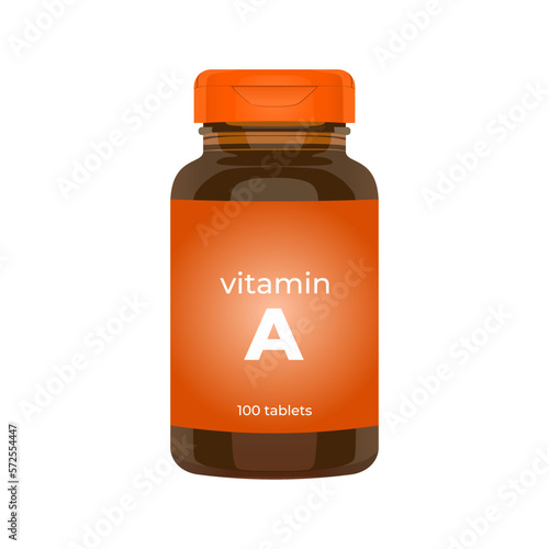 Vitamin A bottle packaging mockup, popular realistic vector illustration in trendy flat 3d design style. Tablets medicine brown bottle icon. Editable graphic resources for many purposes.